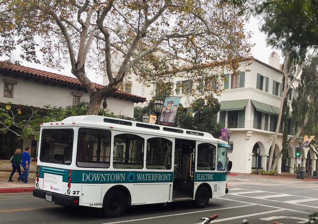 Cool electric trolley-car style bus in Santa Barbara